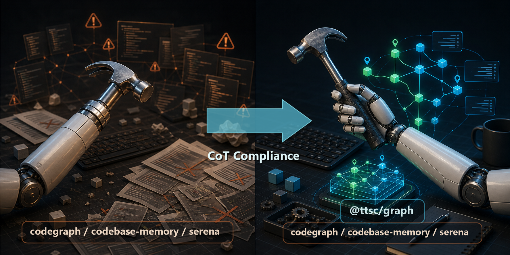A hammer bolted onto an armless robot stump amid scattered papers and warnings, an arrow labeled CoT Compliance, then a robot hand gripping the hammer beside a clean code graph