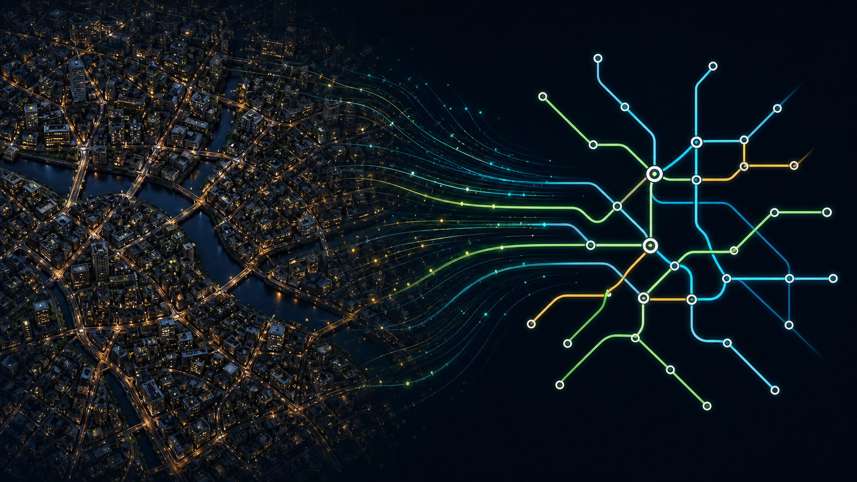 A dense city map collapses into a clean subway map of connections